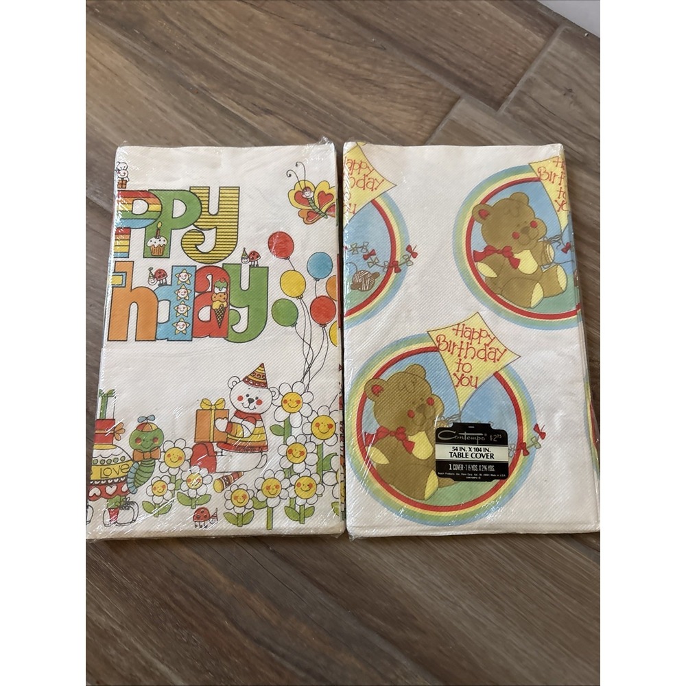 2 Vintage New Cloth Table Covers Birthday Theme Contempo 54" x 104" Made In USA